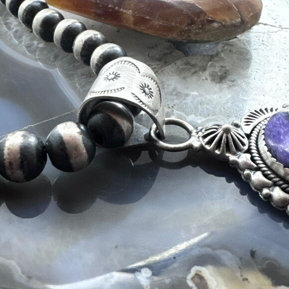 Sterling Southwestern Style Large Oval Charoite Decorated Pendant For Women - Picture 3 of 10